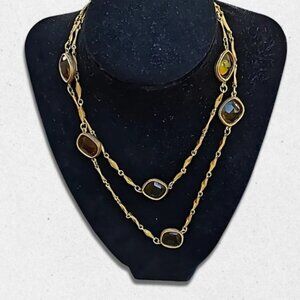 Vintage Glass Stones Layered Necklace Gold Tone Chain Slip On Olive Green W OS
